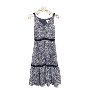 LOFT Dress Chiffon Black White Tiered A Line Midi Velvet Accent Twist V Neck 4